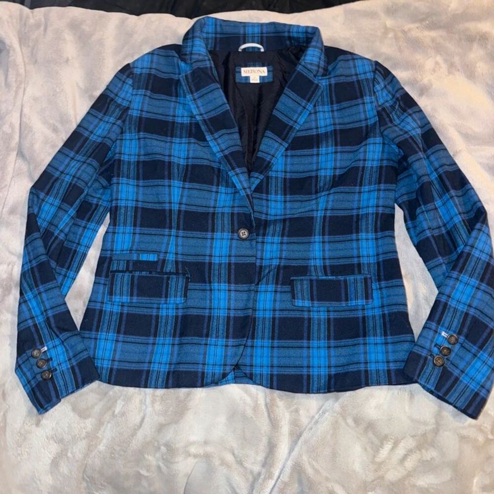 Merona Blue Plaid one button Blazer womens 14 dark academia career 3% wool